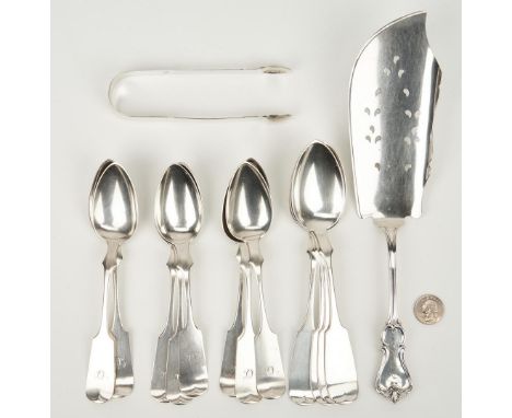 Group of 12 American coin silver flatware items, mid 19th century, and a pair of English sterling sugar tongs, 13 items total