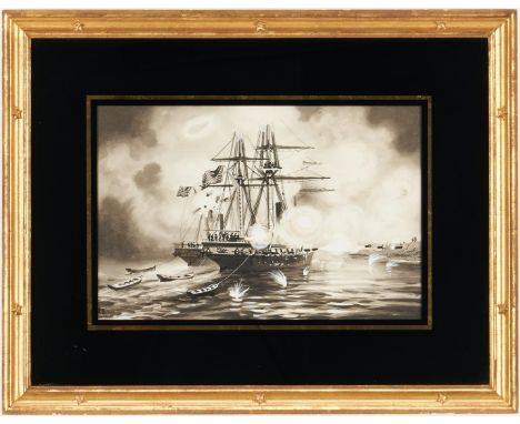 Xanthus Smith (American, 1839-1929) watercolor and gouache on paper maritime painting, titled "A Ship Bombarding the Shore," 