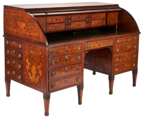 Edwardian Hobbs &amp; Company cylinder roll-top desk, mahogany and satinwood primary, oak secondary with extensive line inlay