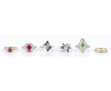 6 Ladies Gold, Diamond, and Gemstone Rings. 1st item: Ladies 14K white gold art deco ring featuring one round synthetic ruby 