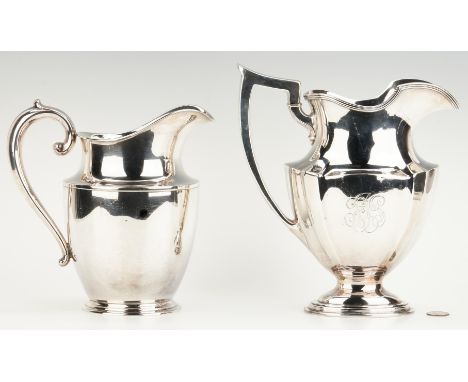 Two (2) American Sterling Silver Water Pitchers. 1st item: Gorham Plymouth pattern oval footed sterling silver water pitcher,