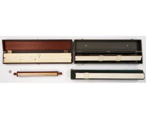 Four (4) Keuffel &amp; Esser (K&amp;E) slide rulers, including one (1) 4105 Webb's Stadia rule, one (1) Reymond Leather Calcu