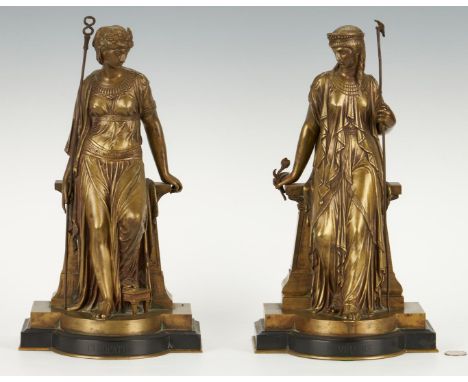 After Eutrope Bouret (French, 1833-1906), two bronze Near East female figurines, Cleopatra and Semiramis, each depicted seate