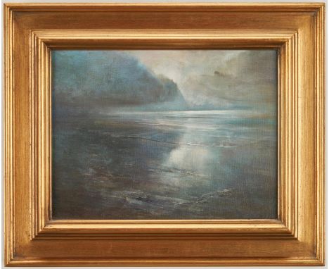 Peter A. Nisbet (New Mexico/Arizona/North Carolina, b. 1948) oil on board seascape painting titled "Pewter Shore" depicting s