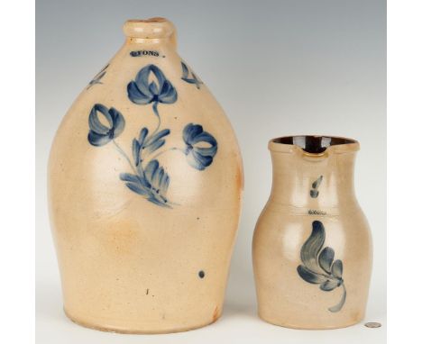 Two (2) Lyons, New York stoneware pottery items with cobalt decorations. 1st item: 4 gallon stoneware pottery jug with cobalt