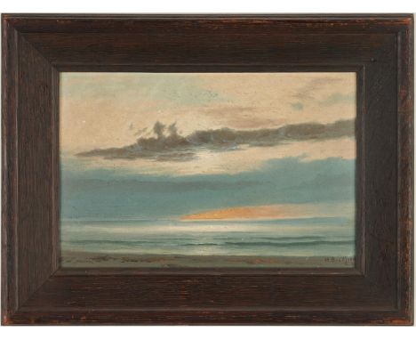 William Bradford (Massachusetts/California, 1823-1892) oil on board seascape painting depicting a coastline at sunrise or sun