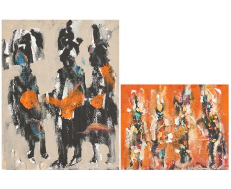 Two (2) Pablo Milan (American, 1961-2017) oil on canvas paintings of Native American dancers. 1st item: Painting depicting fo