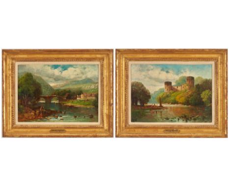 A pair of two (2) Andrew Melrose (Scottish/American, 1836-1901) oil on board landscape paintings. 1st item: View of Bothwell 