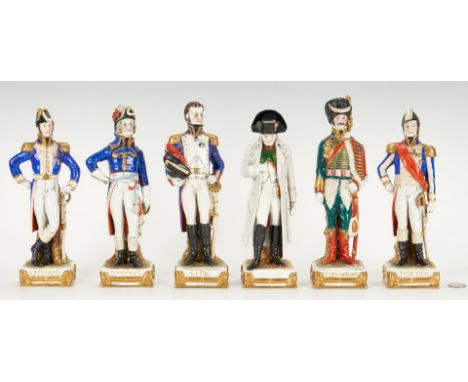 Group of six (6) Sitzendorf porcelain Napoleonic military figures, representing Napoleon and officers Exelmans, Mortier, Dumo