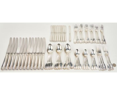 60 pieces assembled English flatware service in the fiddle, shell and thread pattern. Includes 12 sterling silver handle kniv