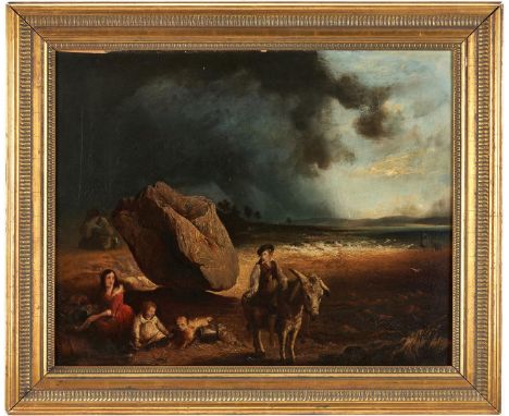 Attributed to James Howard Burgess (United Kingdom, 1817-1890) oil on canvas painting of figures at the lake or seashore, wit