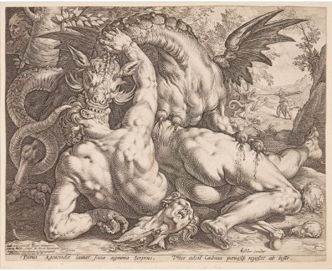 Hendrick Goltzius (Netherlands, 1558-1617), "The Dragon Devouring the Companions of Cadmus," engraving on laid paper after th