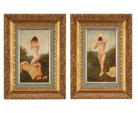 Two (2) Adolphe Frederic Lejeune (France, act. c.1879-1912) oil on panel paintings depicting two brunette female nudes, engag