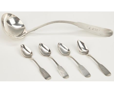 5 pieces of Louisville, Kentucky Coin Silver. 1st item: Coin silver soup or punch ladle, plain fiddle pattern handle with inc