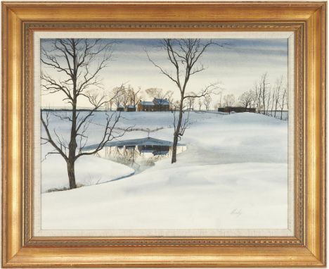 John Wesley Chumley (Virginia/Tennessee, 1928-1984) watercolor snow scene painting depicting a farmstead with freshly fallen 