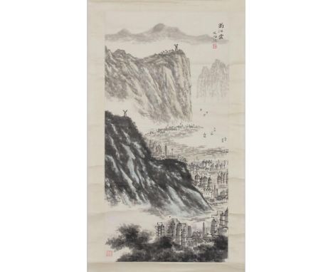 Attributed to Song Wenzhi (Chinese, 1919-1991) watercolor on silk landscape scroll painting depicting 20th century buildings 