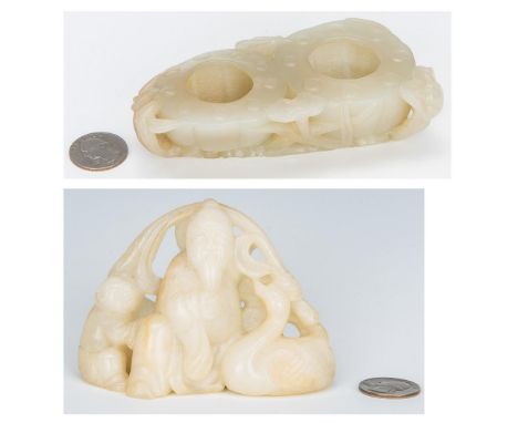 Two (2) Chinese White Jade items. 1st item: Carved white jade scholar's rock or boulder, depicting a seated immortal flanked 