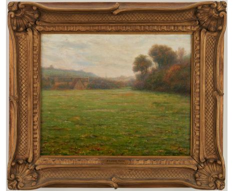 Thomas Alexander Harrison (American, 1853-1930) oil on board impressionist landscape titled "The Lonely Farm". Depicts a farm