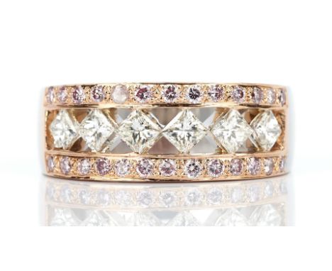 One ladies 18K white gold and rose gold 7.9mm band with 2 rows of 13 round brilliant light pink diamonds (one is crushed) wei