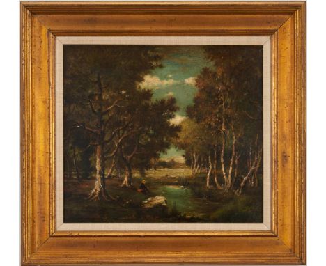 Oil on panel Barbizon landscape painting, depicting a solitary figure seated at the edge of a pond in a forest clearing, surr