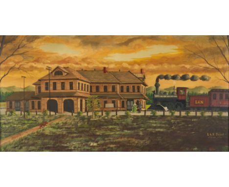 Folk art panoramic oil on canvas painting by Francis Patterson (American, 20th century) depicting the Louisville &amp; Nashvi