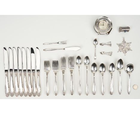 48 pcs International prelude sterling silver flatware plus sterling framed clock, Gorham snowflake ornament, 6 sterling spoon