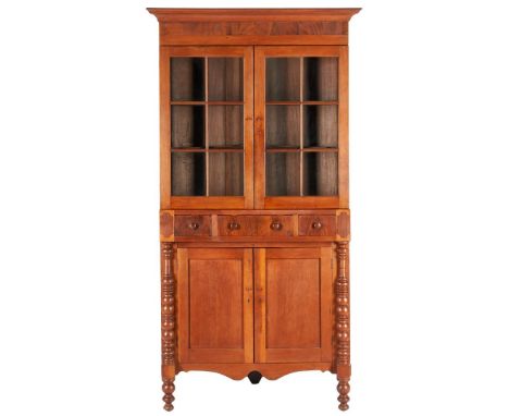 Middle Tennessee cherry and mahogany veneered and inlaid corner cupboard, poplar secondary, single-piece construction, attrib