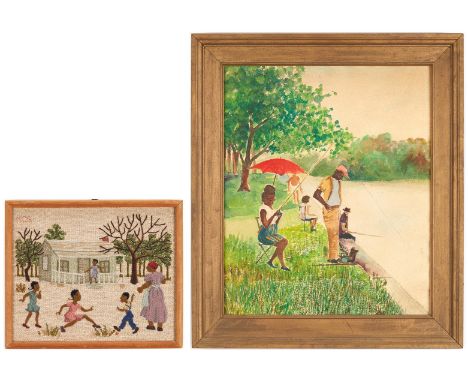 Two (2) African American theme framed works, including one (1) watercolor on paper painting and one (1) embroidered textile. 