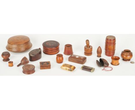 Group of eighteen (18) containers, treenware, spice boxes, snuff boxed and funnel, nineteen (19) total items. Items include: 