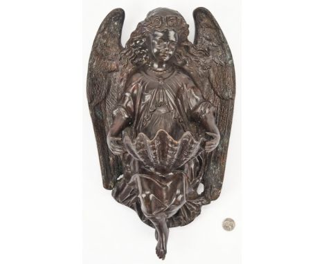 20th century French bronze wall plaque, after Henri Dumaige (1830-1888), depicting an angel holding a shell water basin or st
