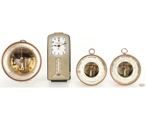 Grouping of three (3) barometers and one (1) Thermal Control thermostat. 1st-3rd items: Three (3) brass ship barometers, incl