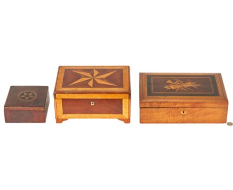 Grouping of three (3) boxes with inlaid tops, including one (1) fruitwood lap desk, the top with mixed wood inlay surrounding