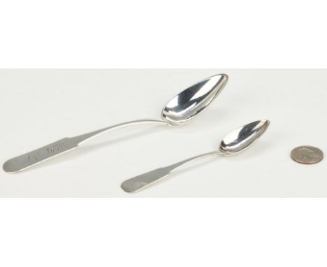 Two (2) coin silver spoons by Asa Blanchard, Lexington, KY (working c. 1808-1838). 1st item: Fiddle handle teaspoon marked AB