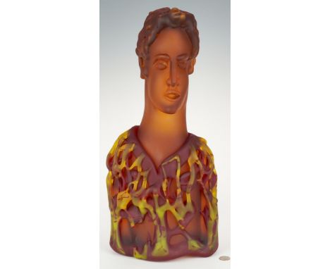 Richard Jolley (Tennessee, born 1952) blown and hot formed glass totem sculpture on stand titled "Force of Gravity". Depictin