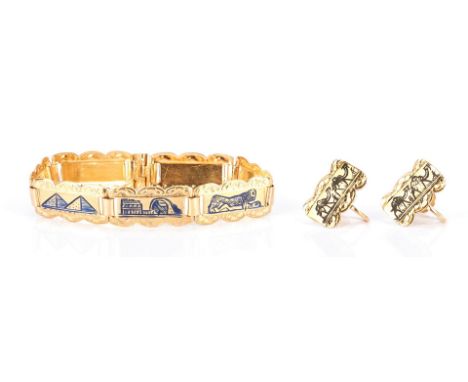 18K Gold Egyptian Tile Bracelet and Earrings. 1st item: Ladies 18K yellow gold tile 6.5" L tile bracelet featuring Egyptian m