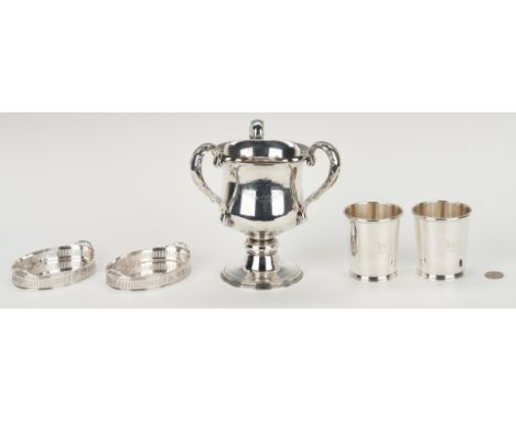Sterling silver loving cup, plus 2 sterling silver julep cups, and 2 miniature silverplated waiter trays, 5 items total. 1st 