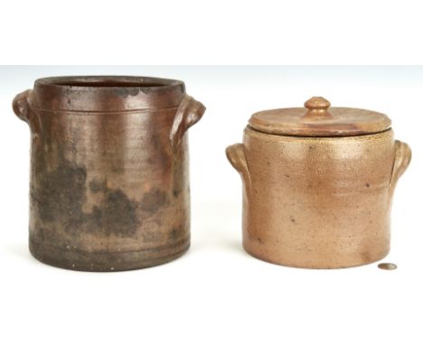 Two (2) North Carolina stoneware pottery items. 1st item: North Carolina stoneware lidded pottery pot with applied strap hand