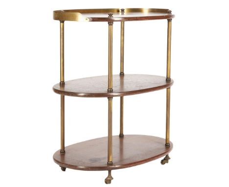 Three-tiered brass-mounted mahogany rolling bar cart, oval form with partial brass gallery to top tier, two lower tiers joine