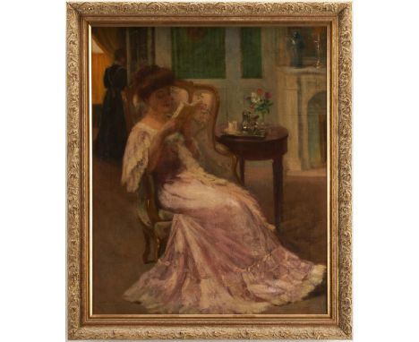 Georges Masson (France, 1875 - 1949) oil on canvas interior scene depicting a young woman attired in pink and seated in a par