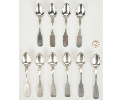 Ten (10) Tennessee Coin Silver teaspoons, all with plain fiddle handles, including four marked J. PEABODY in rectangle (John 