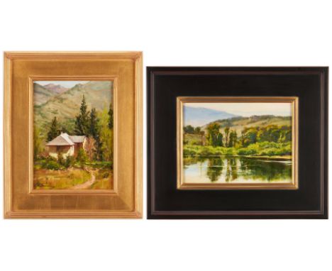 Two (2) Teresa Vito (Colorado, 20th Century) impressionistic oil on board paintings. 1st item: Landscape painting titled "Cot