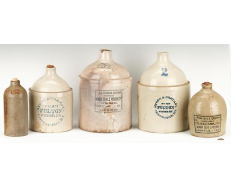 Five (5) stoneware whiskey advertising jugs from Kentucky and Ohio. 1st item: Covington, Kentucky stoneware pottery jug, crea