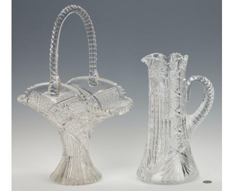 Two (2) large pieces American Brilliant Period Cut Glass. 1st item: Scarce ABPCG large cut glass flower basket, 20"H x 13"W x