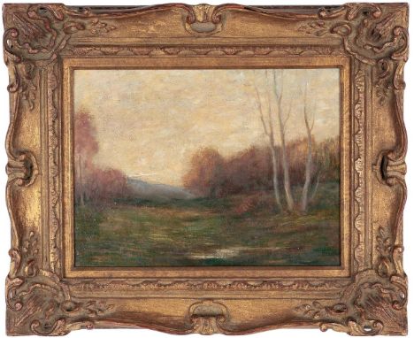John Francis Murphy (American, 1853-1921) oil on canvas tonalist landscape painting, depicting a clearing in a line of autumn
