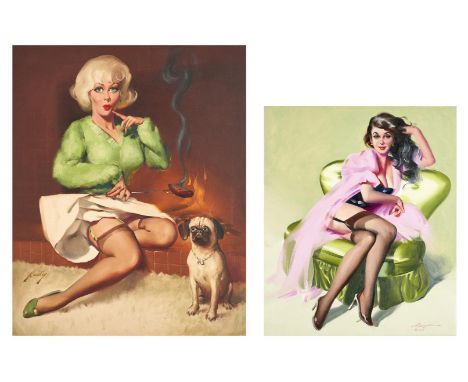 Two (2) Donald "Rusty" Rust (American, b. 1932) oil on canvas paintings, original pin up illustration art. 1st item: Painting