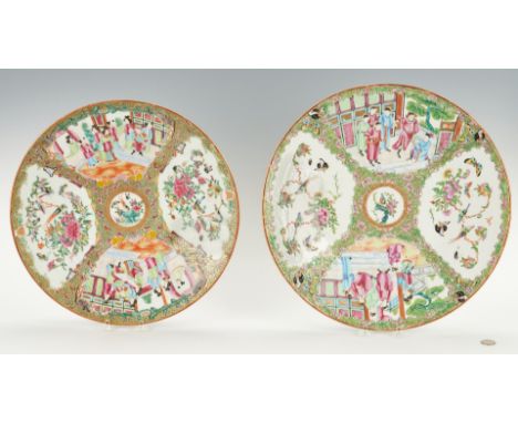 Two (2) Qing Dynasty Rose Medallion chargers, each with central bird and peony medallion surrounded by four vignettes of alte