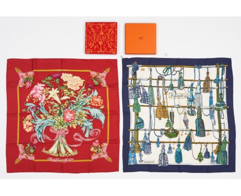 Two (2) Hermes scarves, including Regina and Passementerie, 4 items total. 1st item: "Regina" silk twill scarf, reissue after