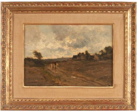 French School oil on canvas Impressionist painting depicting a peasant with cows traversing down a country road situated in a
