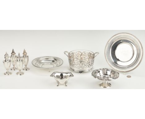 9 pieces sterling and silverplated hollowware, including 1 Whiting Art Nouveau sterling candy dish with floral repousse borde