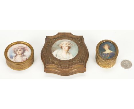 Three (3) small boxes inset with watercolor portrait miniatures, all with velvet lined interiors. 1st item: Cartouche shaped 